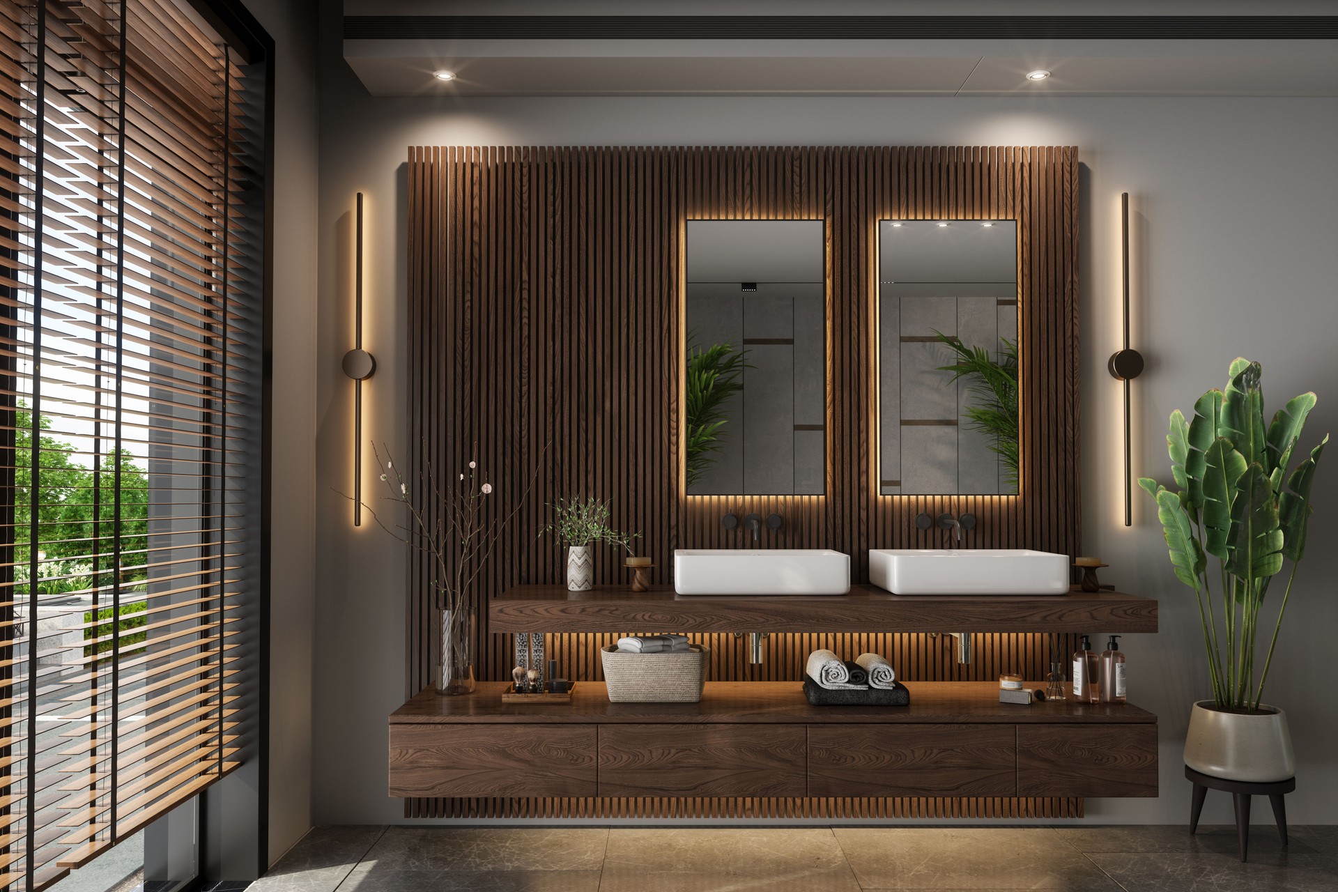 Luxury Bathroom Interior With Sinks, Mirrors, Potted Plant And Decorative Objects