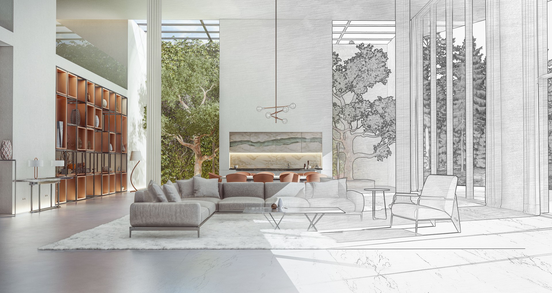 3D Layer Editing Channels Rendering Images of luxurious big living room with tree and vertical garden. Mixed combination styles of model, reality, colours and digital drawing sketches